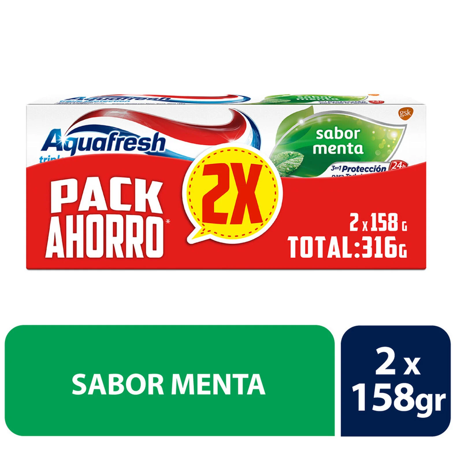 AQUAFRESH PACK SABOR MENTA 2X 158 GRS